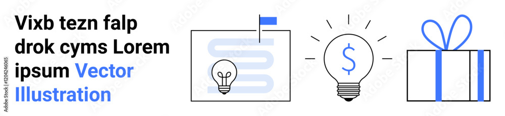 Blueprint with light bulb, lit light bulb with dollar sign, and gift box illustrate creativity, financial success, and rewards. Ideal for innovation, business planning, finance, strategy Blueprint with light bulb, lit light bulb with dollar sign, and gift box illustrate creativity, financial success, and rewards. Ideal for innovation, business planning, finance, strategy