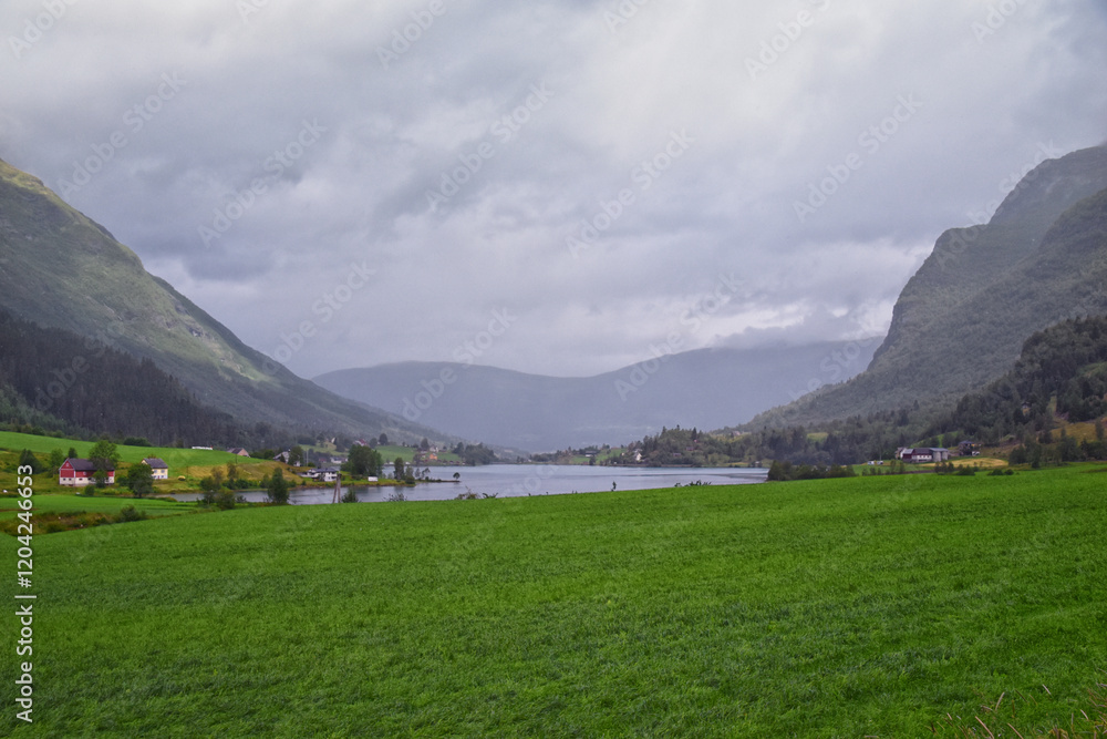Olden Norway 2024 hiking views towards Briksdal Glacier, Jostedal Glacier largest glacier on Europe's mainland. Glacial river flowing to Sognefjord. Scandinavia, Nordic.