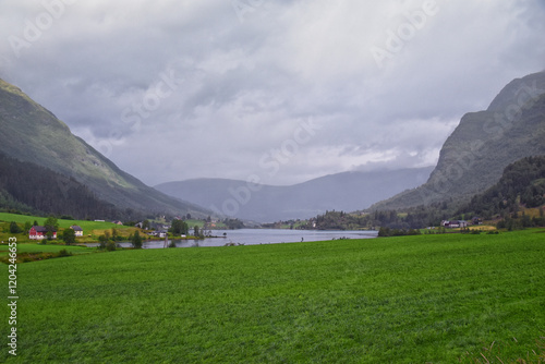 Obraz na płótnie Olden Norway 2024 hiking views towards Briksdal Glacier, Jostedal Glacier largest glacier on Europe's mainland. Glacial river flowing to Sognefjord. Scandinavia, Nordic. w salonie