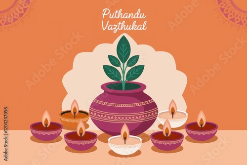 Puthandu Vazthukal illustration depicting a traditional pot with a plant and lit lamps, celebrating Tamil New Year. photo