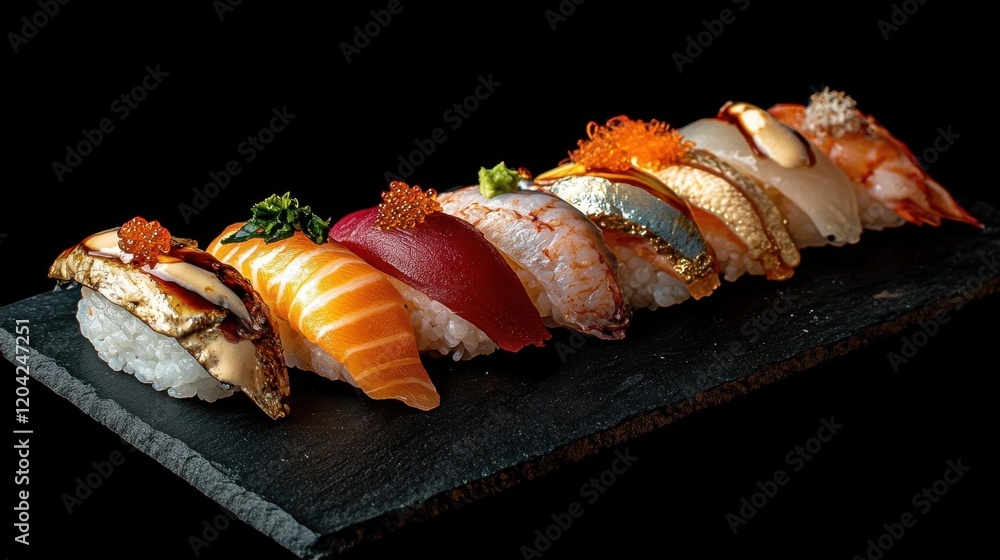 Delicious Sushi Assortment on Slate Delicious Sushi Assortment on Slate