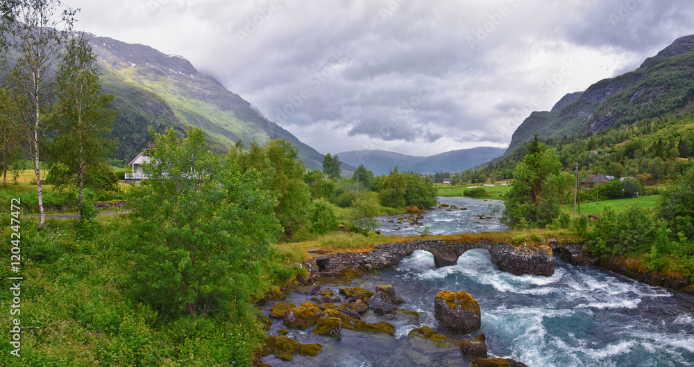 Olden Norway 2024 hiking views towards Briksdal Glacier, Jostedal Glacier largest glacier on Europe's mainland. Glacial river flowing to Sognefjord. Scandinavia, Nordic.