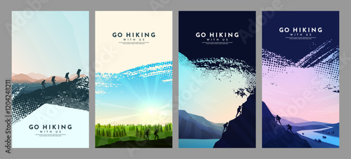 Vector illustration. Travel concept of exploring and observing nature. Hiking and adventure tourism background with brush stroke overlay and halftone dots, capturing the spirit of outdoor discovery