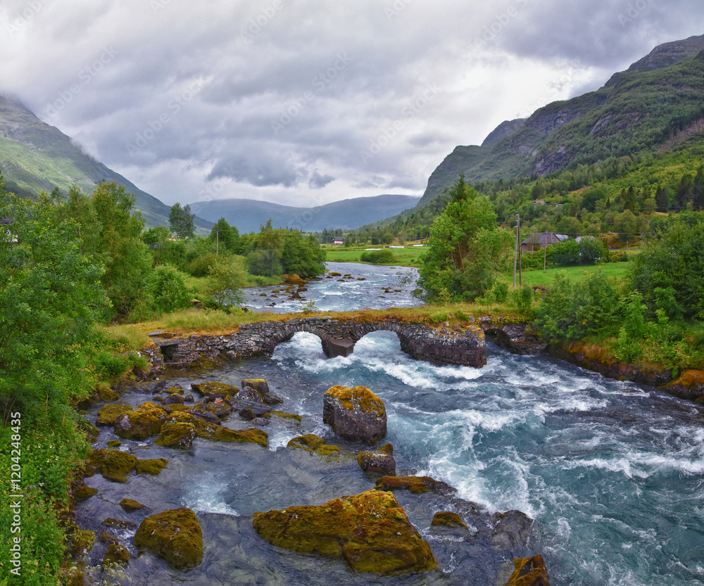 Olden Norway 2024 hiking views towards Briksdal Glacier, Jostedal Glacier largest glacier on Europe's mainland. Glacial river flowing to Sognefjord. Scandinavia, Nordic.