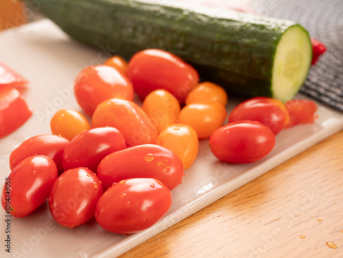 Fresh cherry tomatoes and cucumber preparing for salad on cutting board
