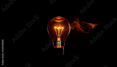 light bulb on fire on black background, magazine photoshoot, with white tones