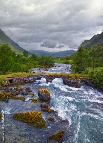 Olden Norway 2024 hiking views towards Briksdal Glacier, Jostedal Glacier largest glacier on Europe's mainland. Glacial river flowing to Sognefjord. Scandinavia, Nordic.
