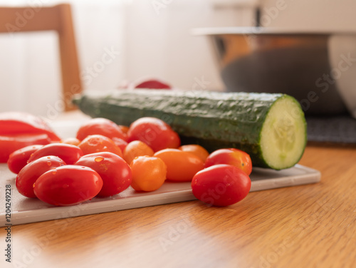 Fresh vegetables cucumber, tomatoes and pepper resting on cutting board
