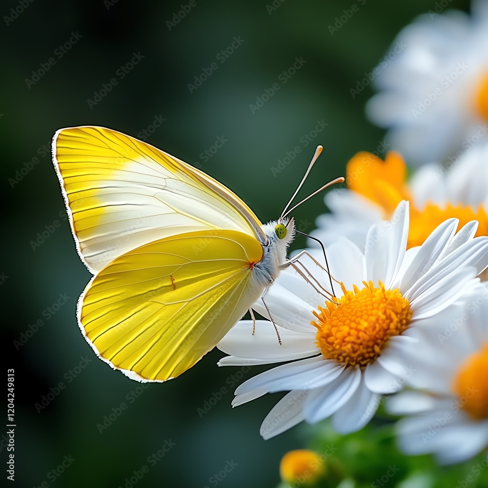A beautiful yellow butterfly perched delicately on a white flower, showcasing the vibrant colors of nature in a tranquil setting A beautiful yellow butterfly perched delicately on a white flower, showcasing the vibrant colors of nature in a tranquil setting