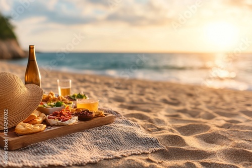 Beach Picnic at Sunset. Generative AI photo