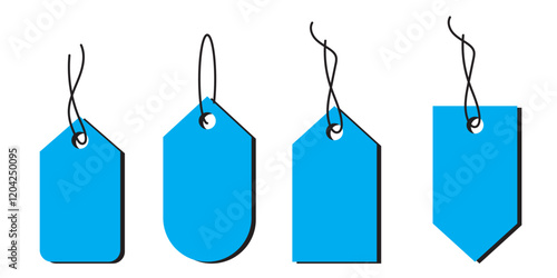 Black price tags collection. Set of blank gift tags. Discount price for store. Various paper shapes with rope and bows. Vector illustration