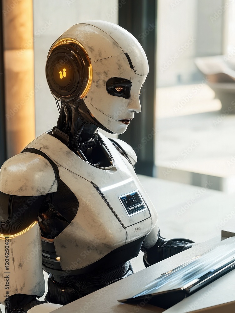 A robot receptionist at a customer service desk in a modern setting, representing the integration of AI and robotics in customer service roles A robot receptionist at a customer service desk in a modern setting, representing the integration of AI and robotics in customer service roles