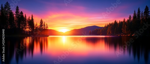 Fototapeta Naklejka Na Ścianę i Meble -  A breathtaking sunset over a serene lake, surrounded by majestic trees and mountains. The vibrant colors reflect beautifully on the water, creating a tranquil and peaceful scene.