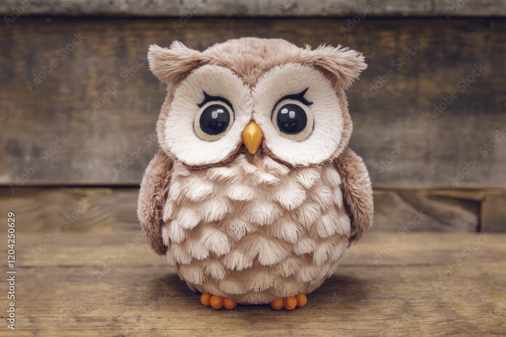 Obraz premium Adorable plush owl toy with big eyes, sitting on wooden surface.