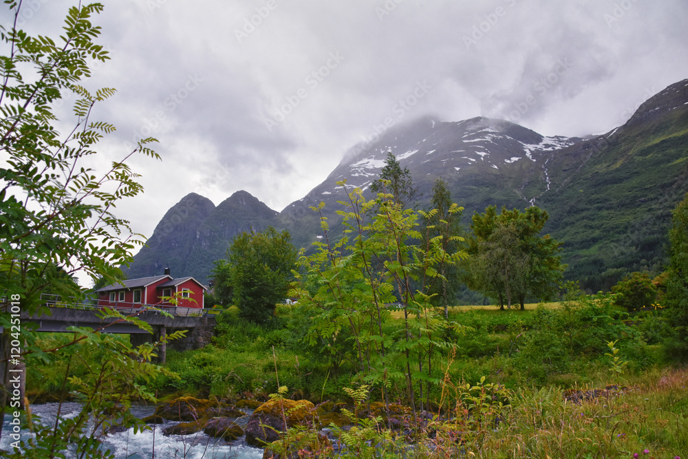 Olden Norway 2024 hiking views towards Briksdal Glacier, Jostedal Glacier largest glacier on Europe's mainland. Glacial river flowing to Sognefjord. Scandinavia, Nordic.