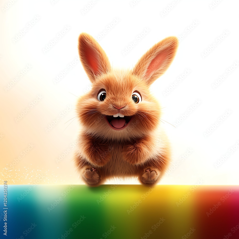A cheerful rabbit stands playfully on a colorful surface, its fluffy fur catching the light A cheerful rabbit stands playfully on a colorful surface, its fluffy fur catching the light