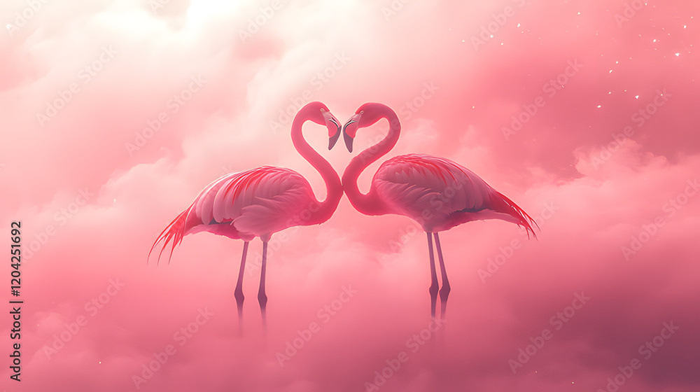 Obraz premium Two flamingo silhouettes forming a heart with their necks