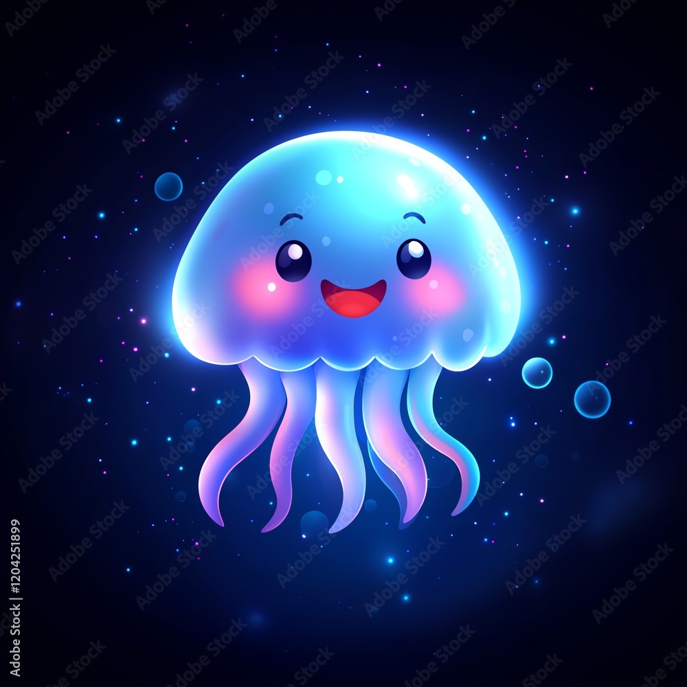 A cute, glowing jellyfish character floating in a dark, starry ocean. Its cheerful expression and vibrant colors create a playful and enchanting underwater atmosphere. A cute, glowing jellyfish character floating in a dark, starry ocean. Its cheerful expression and vibrant colors create a playful and enchanting underwater atmosphere.
