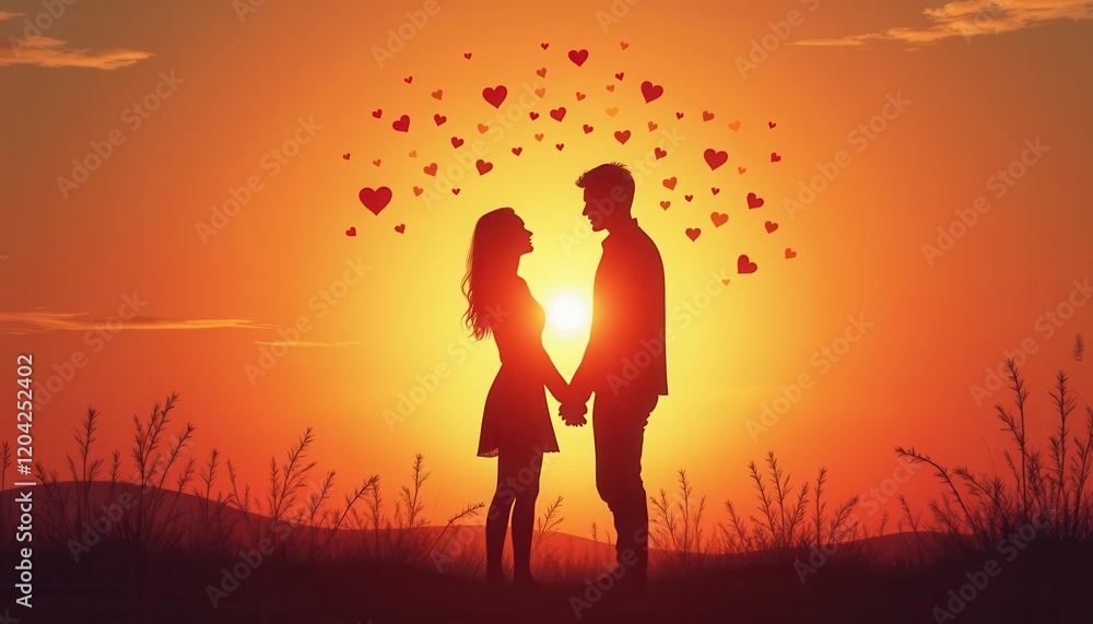 Vibrant Sunset Silhouette: Couple Holding Hands Amid Floating Heart-Shaped Objects on Green Grass Vibrant Sunset Silhouette: Couple Holding Hands Amid Floating Heart-Shaped Objects on Green Grass