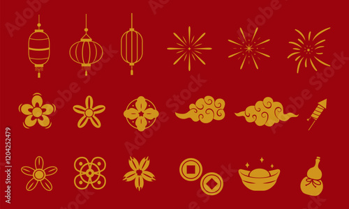 Happy Chinese New Year Icons vector set. Lanterns, firework, pattern, cloud, coin, flower isolated icons of Asian Lunar New Year holiday decoration vector.