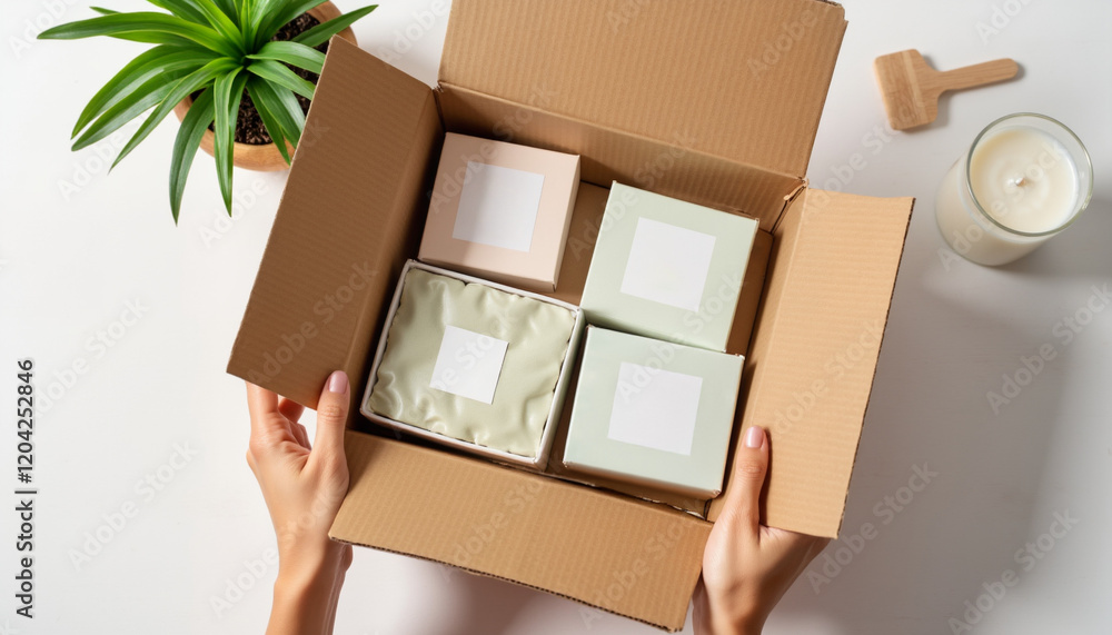 Hands holding a open cardboard box with gift boxes inside Hands holding a open cardboard box with gift boxes inside