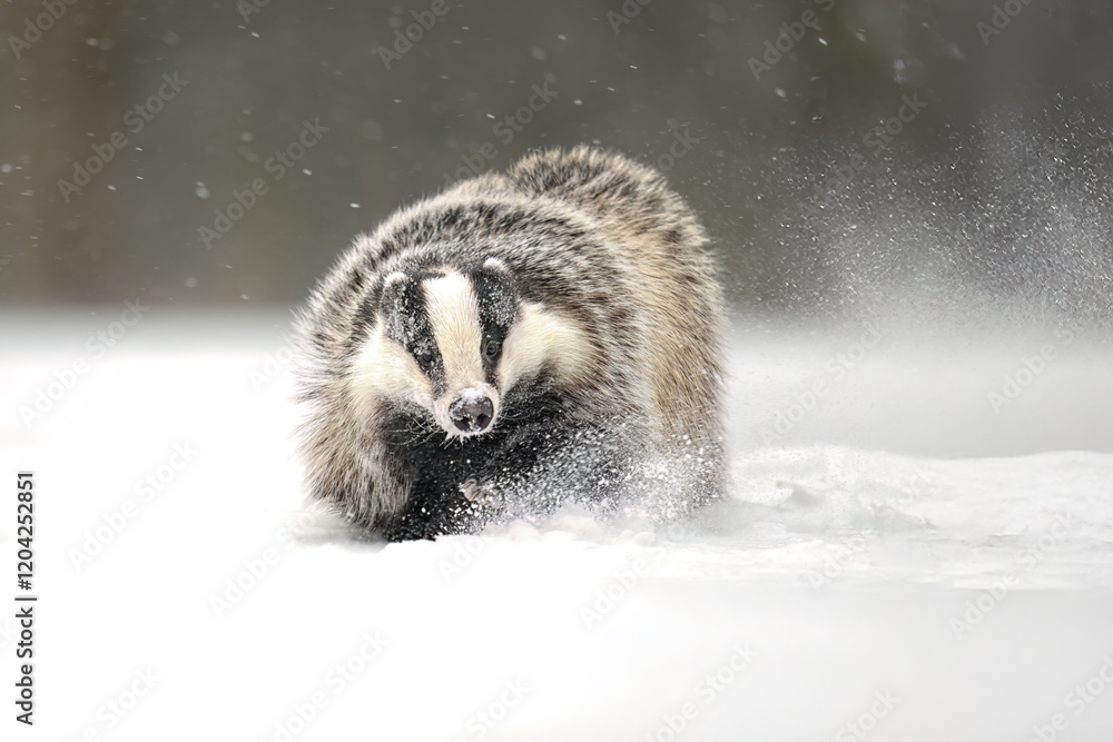 Obraz premium “European Badger Running on a Snowy Clearing at the Forest Edge”