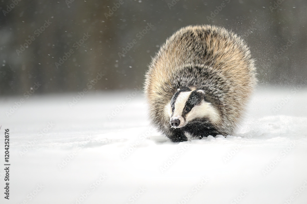 Obraz premium “European Badger Running on a Snowy Clearing at the Forest Edge”