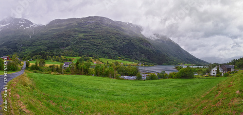 Obraz na płótnie Olden Norway 2024 hiking views towards Briksdal Glacier, Jostedal Glacier largest glacier on Europe's mainland. Glacial river flowing to Sognefjord. Scandinavia, Nordic. w salonie