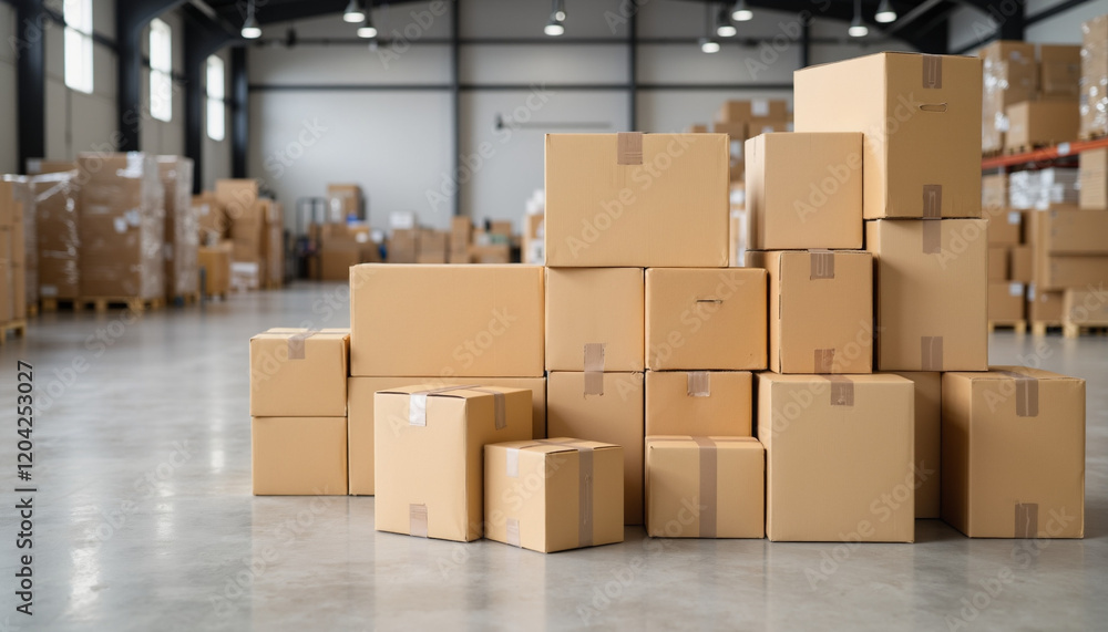 Stacked cardboard boxes in large warehouse Stacked cardboard boxes in large warehouse
