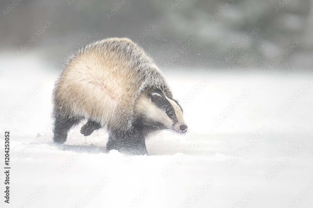 Obraz premium “European Badger Running on a Snowy Clearing at the Forest Edge”