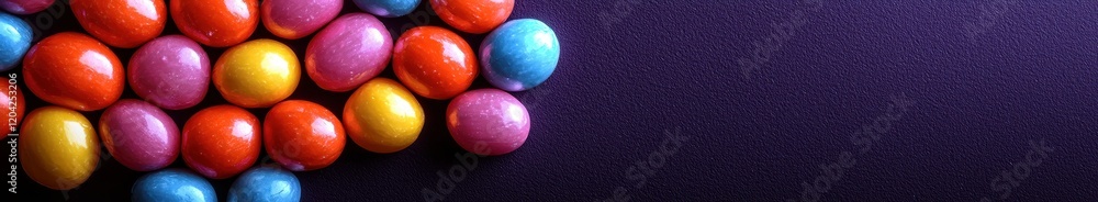 Colorful candy-coated chocolates on vibrant purple background with copy space Colorful candy-coated chocolates on vibrant purple background with copy space