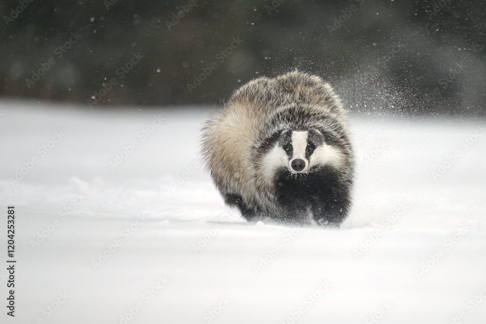 Obraz premium “European Badger Running on a Snowy Clearing at the Forest Edge”