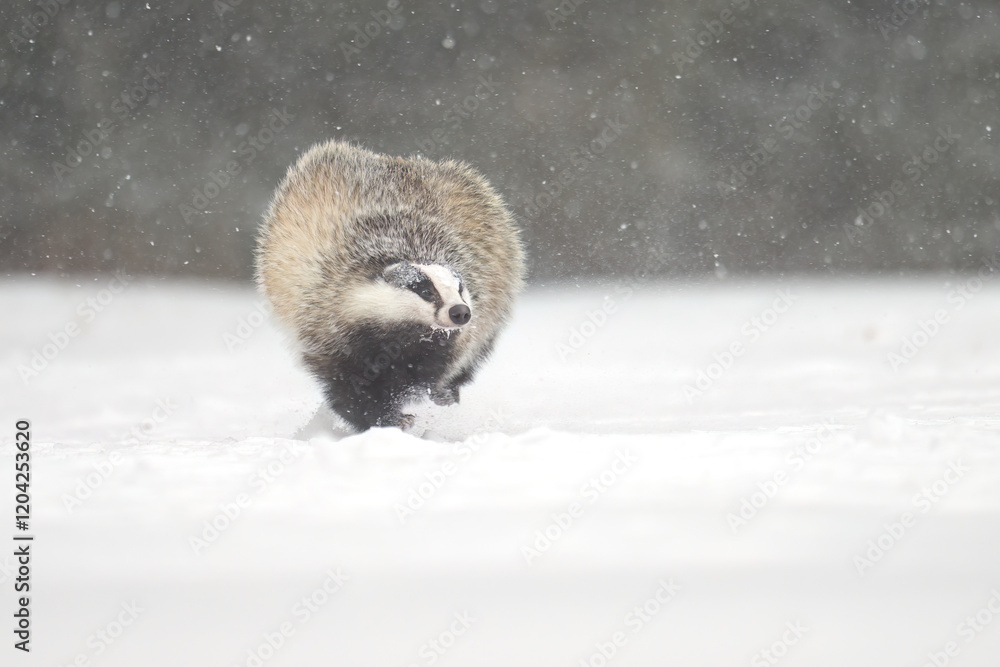 Obraz premium “European Badger Running on a Snowy Clearing at the Forest Edge”