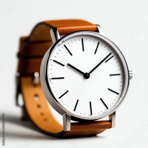 A sleek and modern wristwatch featuring a minimalistic design with a white face and brown leather strap, perfect for both casual and formal wear. photo