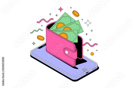 Wallpaper Mural Mobile wallet with cash overflowing, symbolizing digital payments and financial transactions. Torontodigital.ca