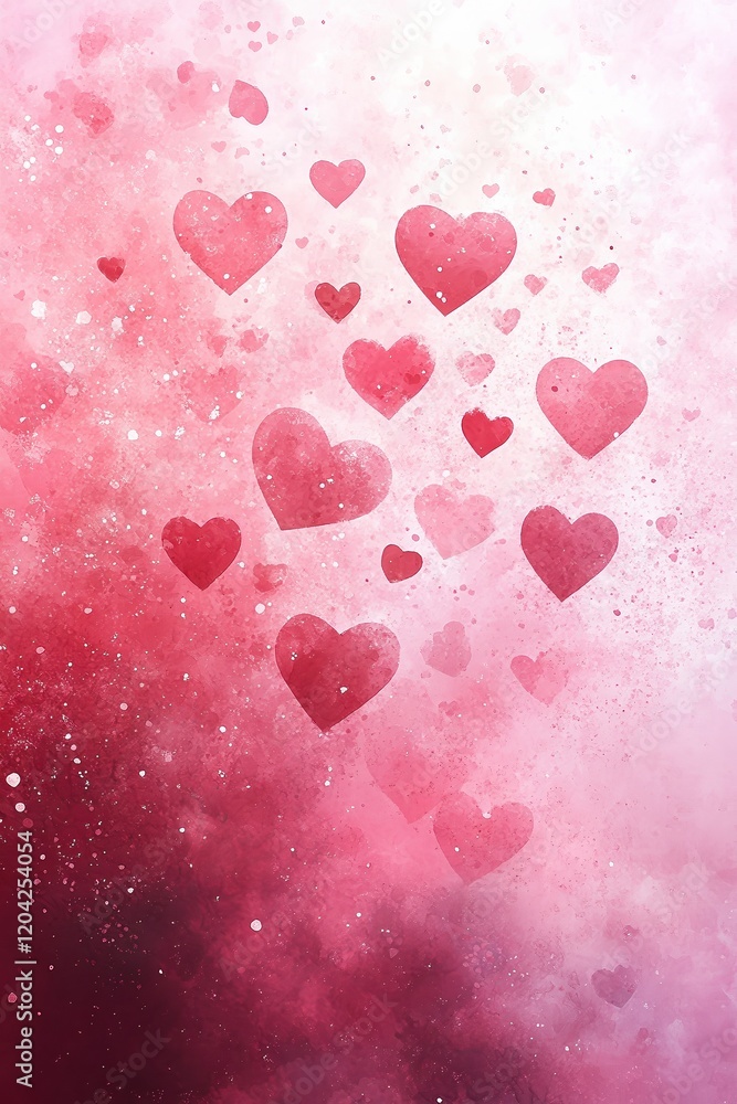 Pink and red hearts scattered across gradient background with soft watercolor effect. Dreamy and romantic illustration symbolizes love, warmth, and emotional depth. Pink and red hearts scattered across gradient background with soft watercolor effect. Dreamy and romantic illustration symbolizes love, warmth, and emotional depth.