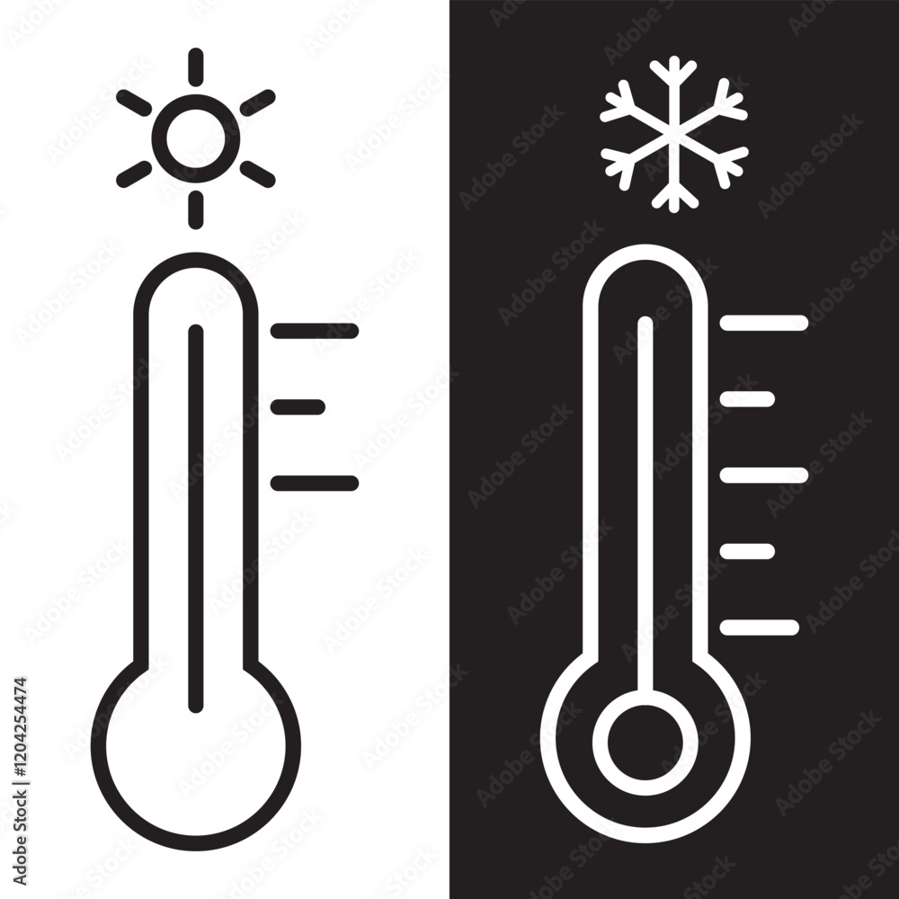 Temperature icon set. high and low temperature thermometer vector symbol. summer warm climate sign in black filled and outlined style. Temperature icon set. high and low temperature thermometer vector symbol. summer warm climate sign in black filled and outlined style.