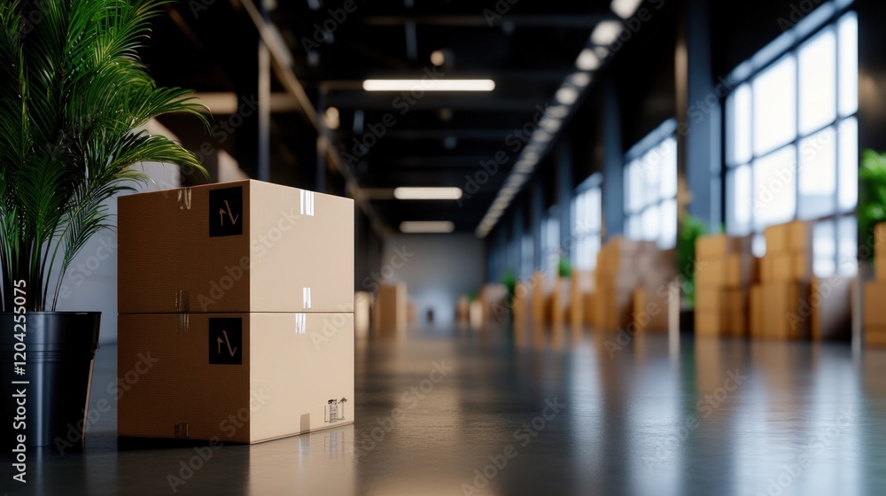 Two Cardboard Boxes in a Modern Warehouse Two Cardboard Boxes in a Modern Warehouse