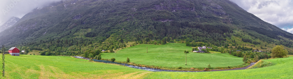 Olden Norway 2024 hiking views towards Briksdal Glacier, Jostedal Glacier largest glacier on Europe's mainland. Glacial river flowing to Sognefjord. Scandinavia, Nordic.