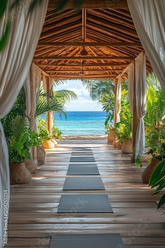  Yoga retreat space nestled in a lush tropical setting, blending fitness with tranquility, featuring serene views and natural decor for relaxation and rejuvenation.