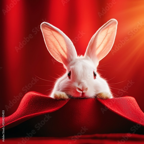 A whimsical white rabbit emerges playfully from a red magician's hat, with big ears and bright eyes, set against a vibrant red background, capturing the magic and charm of illusion photo