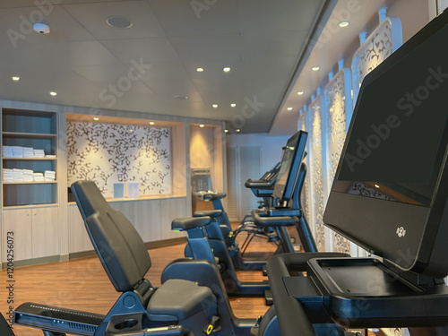 Moderne Fitnessgeräte und Kraftmaschinen in Sportstudio auf Kreuzfahrtschiff - Modern cardio and weight equipment in fitness center gym onboard cruiseship cruise ship ocean liner photo