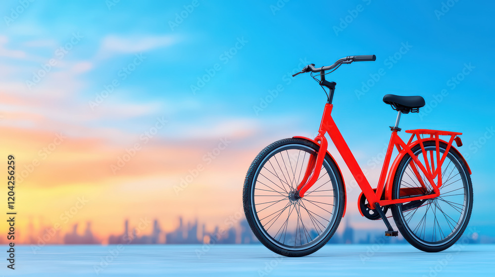 Fototapeta premium Bright red bicycle against colorful sunset skyline