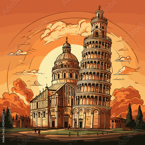 Leaning tower of Pisa hand-drawn comic illustration. Leaning tower of Pisa. Vector doodle style cartoon illustration