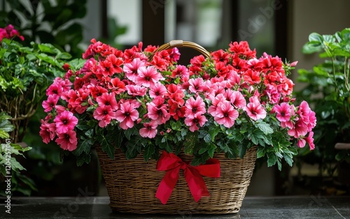 Wallpaper Mural A lively bouquet of red geraniums and pink hibiscus flowers, arranged in a wicker basket with a red bow Torontodigital.ca