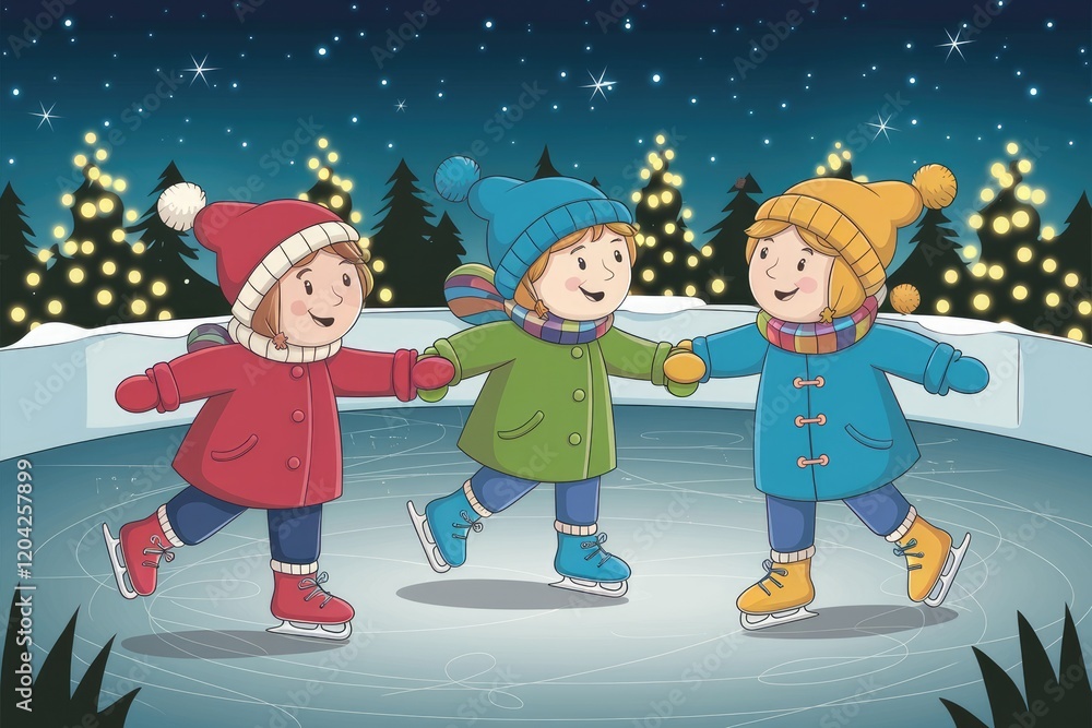 Fototapeta premium Three children ice-skating joyfully at night under twinkling Christmas lights.