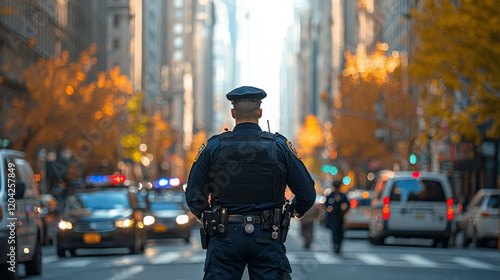 A police officer stands confidently in uniform, overseeing the bustling street filled with vehicles and surrounded by colorful autumn trees. The cityscape glimmers in the background photo