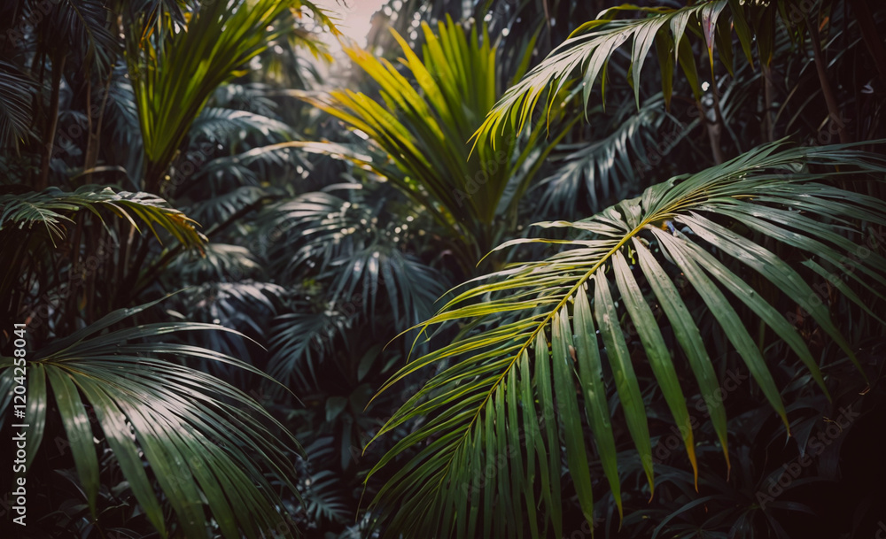 A lush green jungle with palm trees and leaves. The leaves are green and the sunlight is shining through the trees A lush green jungle with palm trees and leaves. The leaves are green and the sunlight is shining through the trees