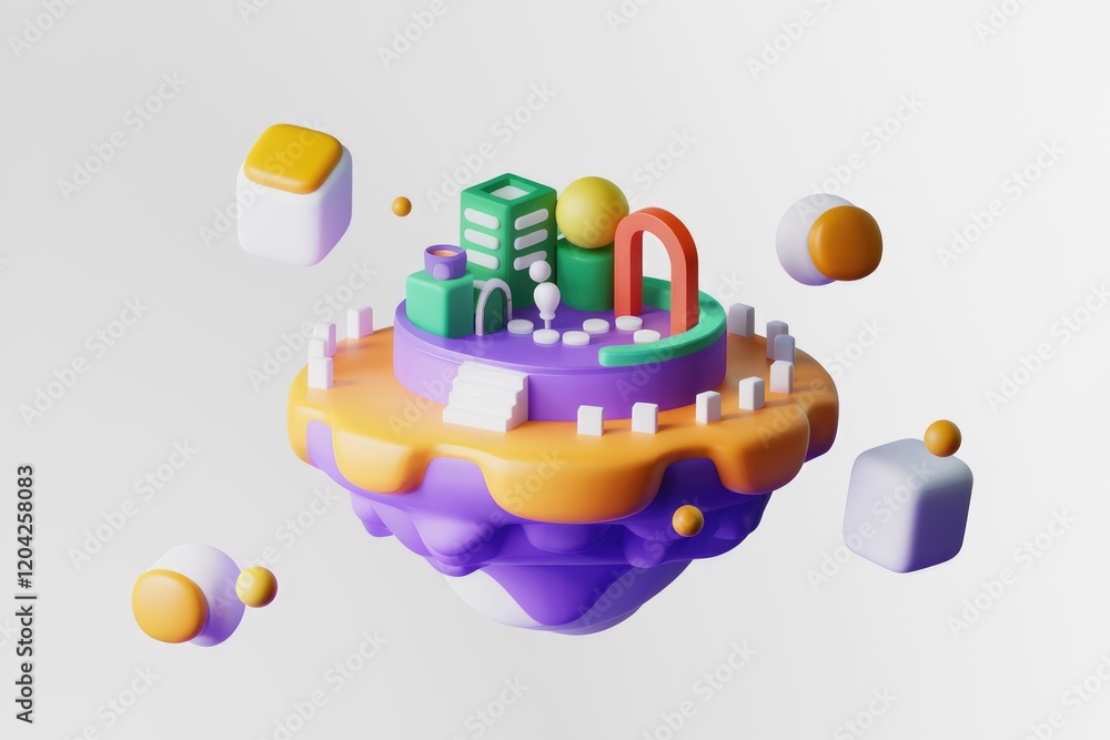 A vibrant, miniature 3D city floats on a colorful, abstract island, showcasing playful architectural designs. A vibrant, miniature 3D city floats on a colorful, abstract island, showcasing playful architectural designs.
