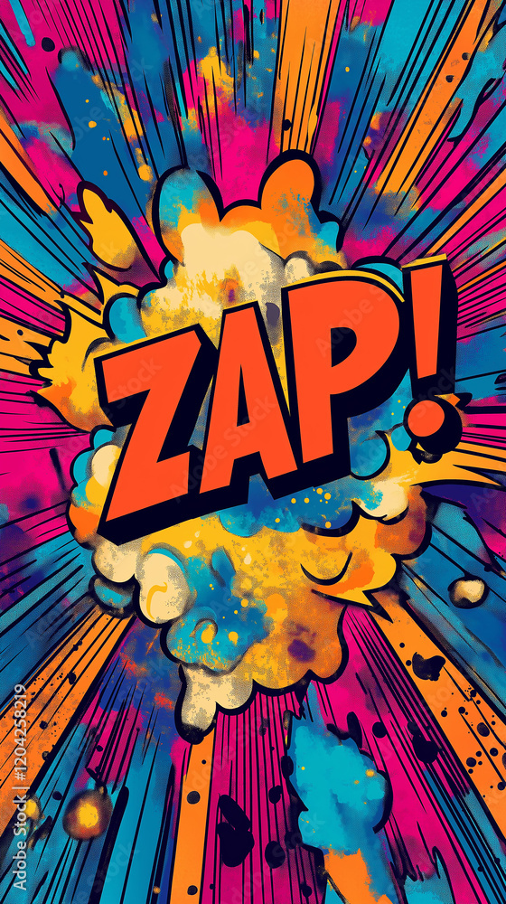 Fototapeta premium Pop art Zap! text. Colorful background in pop art retro comic style. Vertical